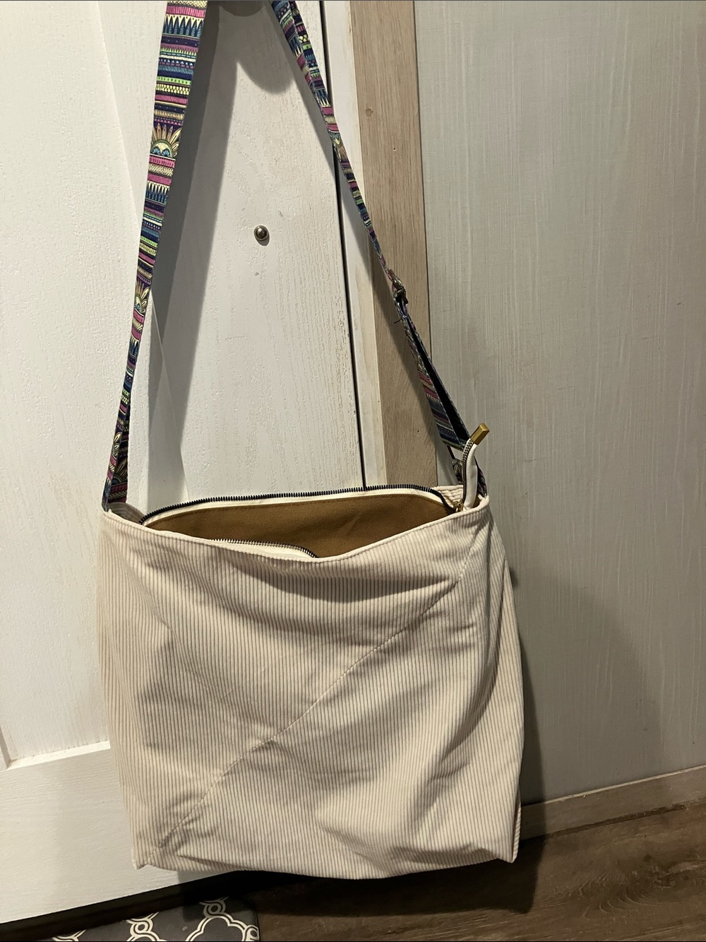 Neutral Cream Shoulder Bag with Colorful Patterned Strap